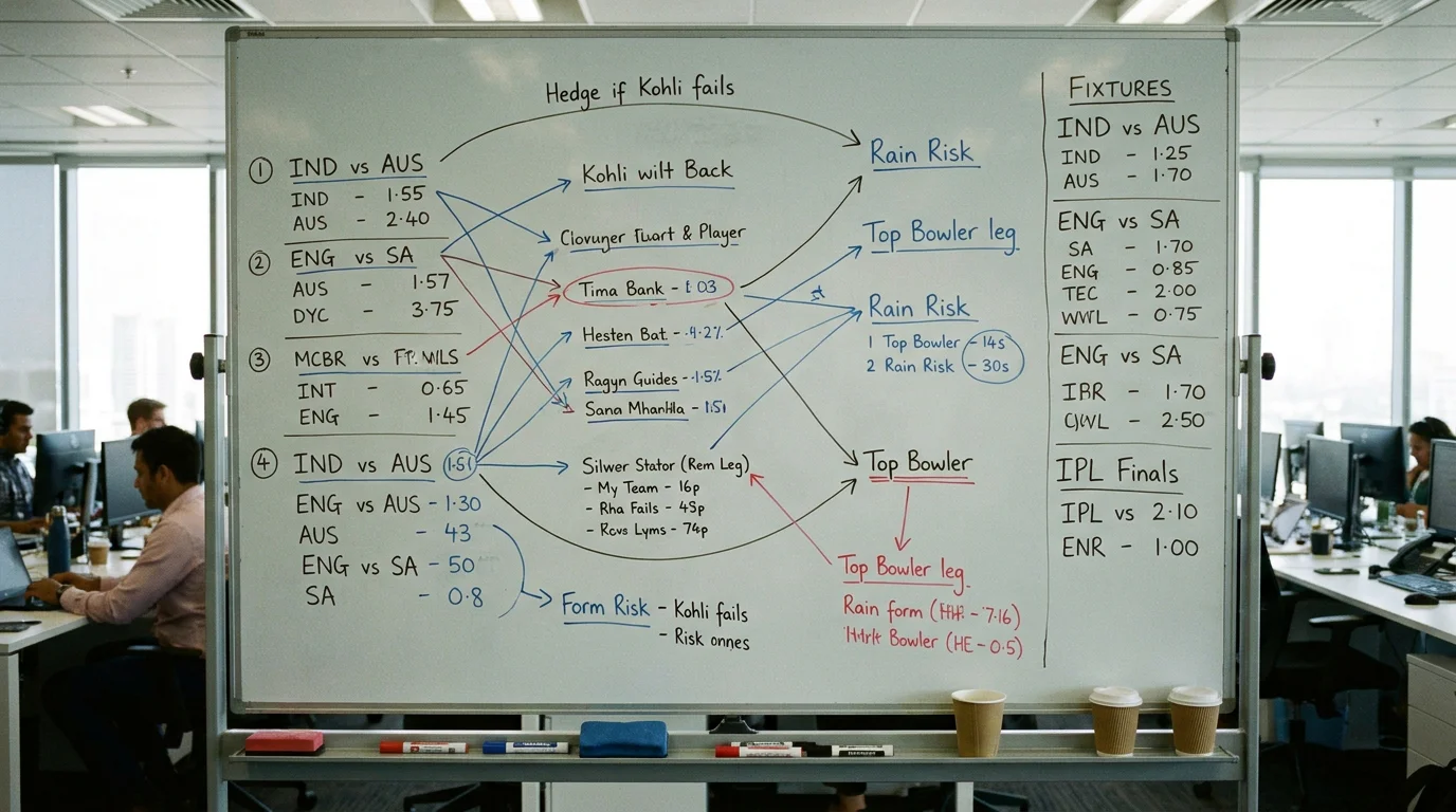 Whiteboard with cricket match data and arrows showing correlation between betting legs