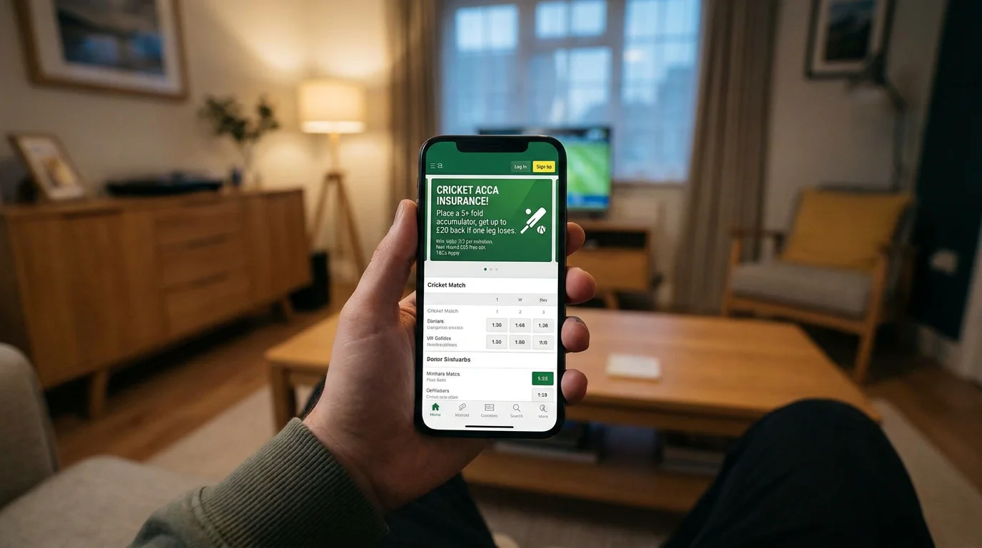 Mobile betting app displaying an acca insurance promotion for cricket matches