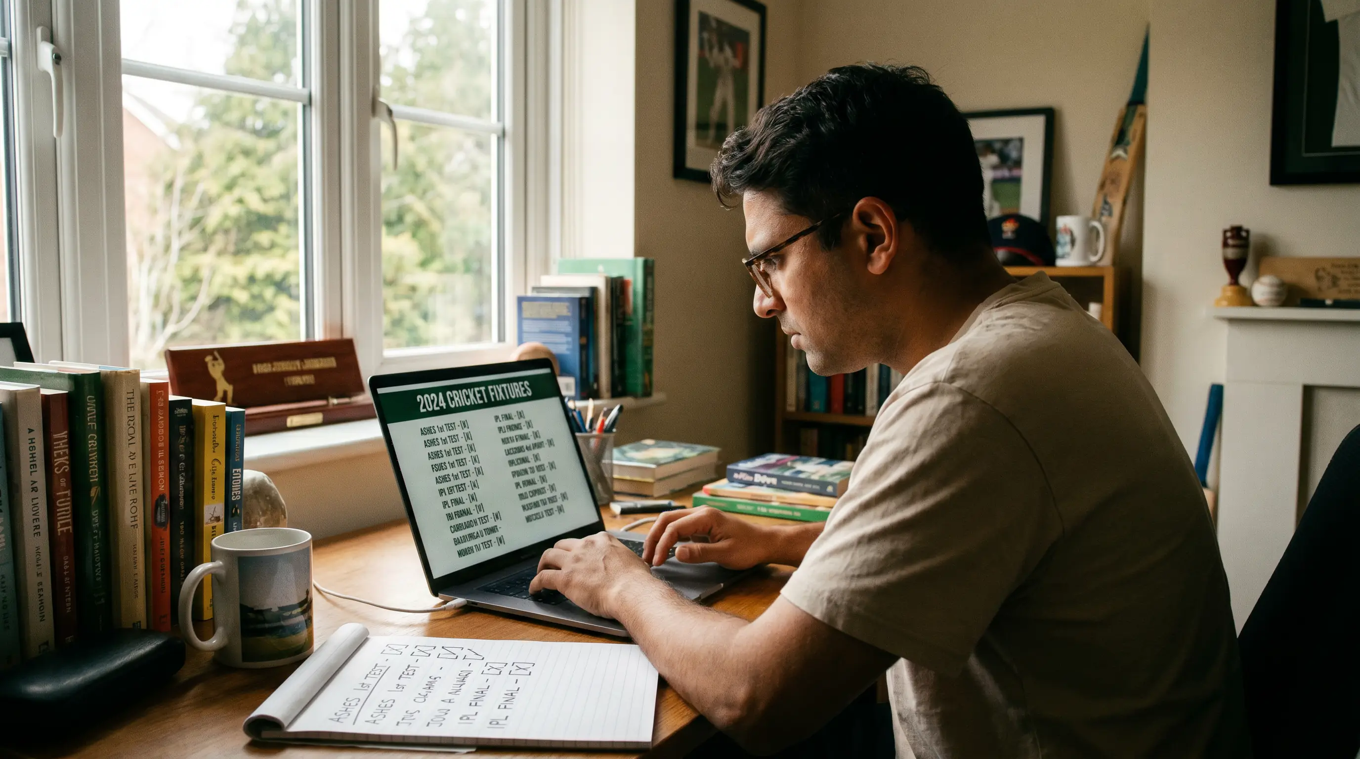 Person analysing cricket fixtures on a laptop while selecting accumulator legs