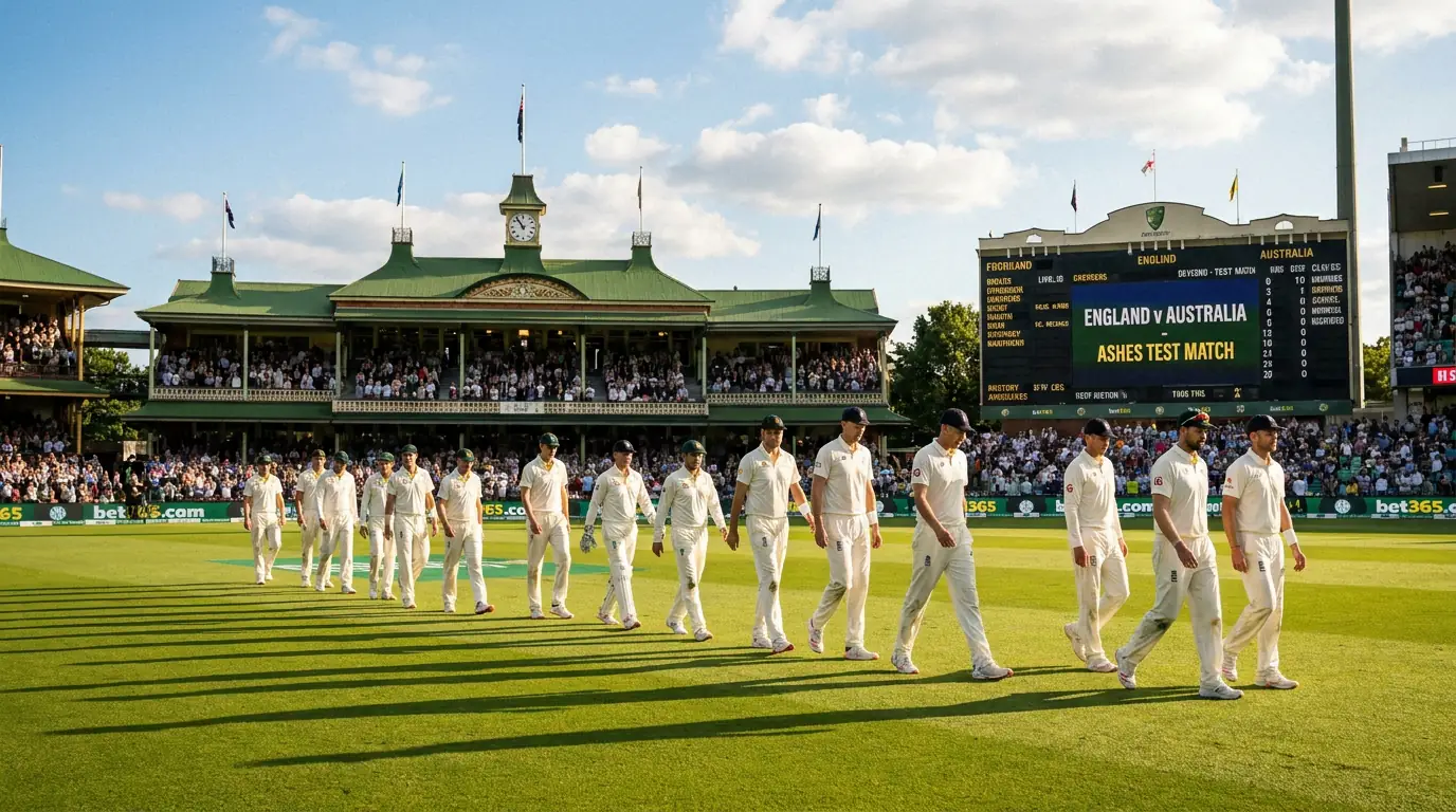England and Australia cricket teams walking onto a sunlit Test match ground for the Ashes