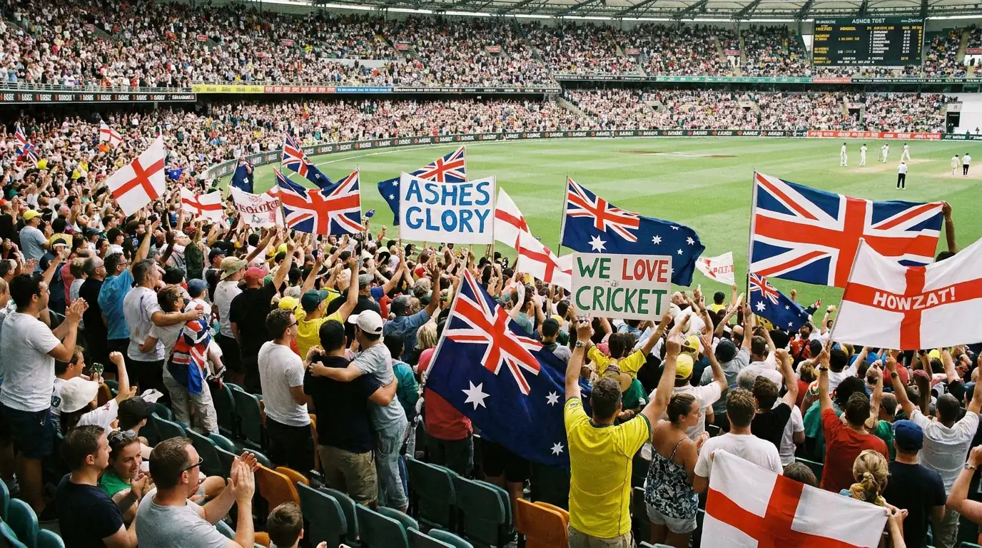 Cricket fans in the stands celebrating during an Ashes series with flags and banners