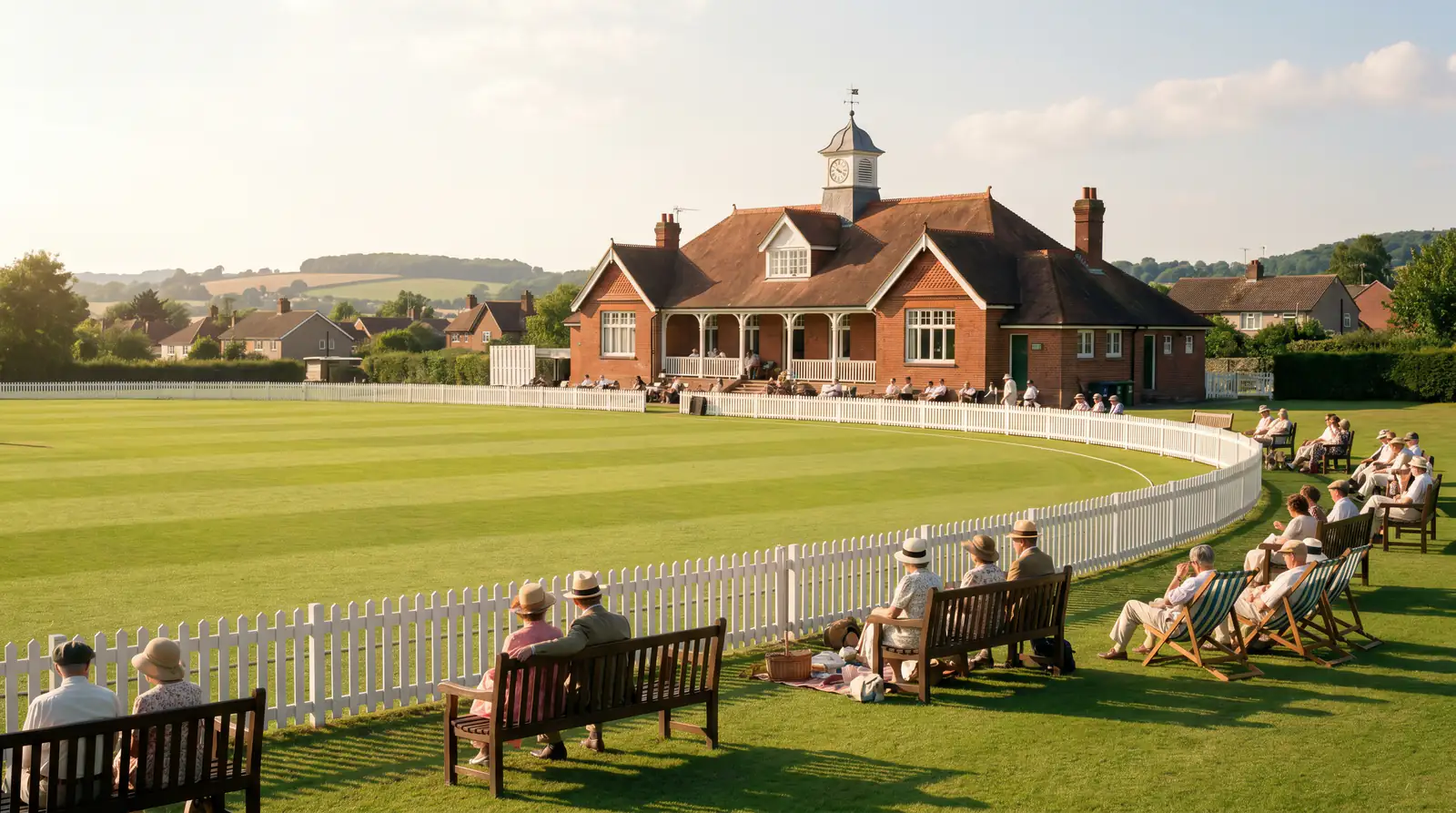 Traditional English cricket ground with a pavilion and spectators on a summer day