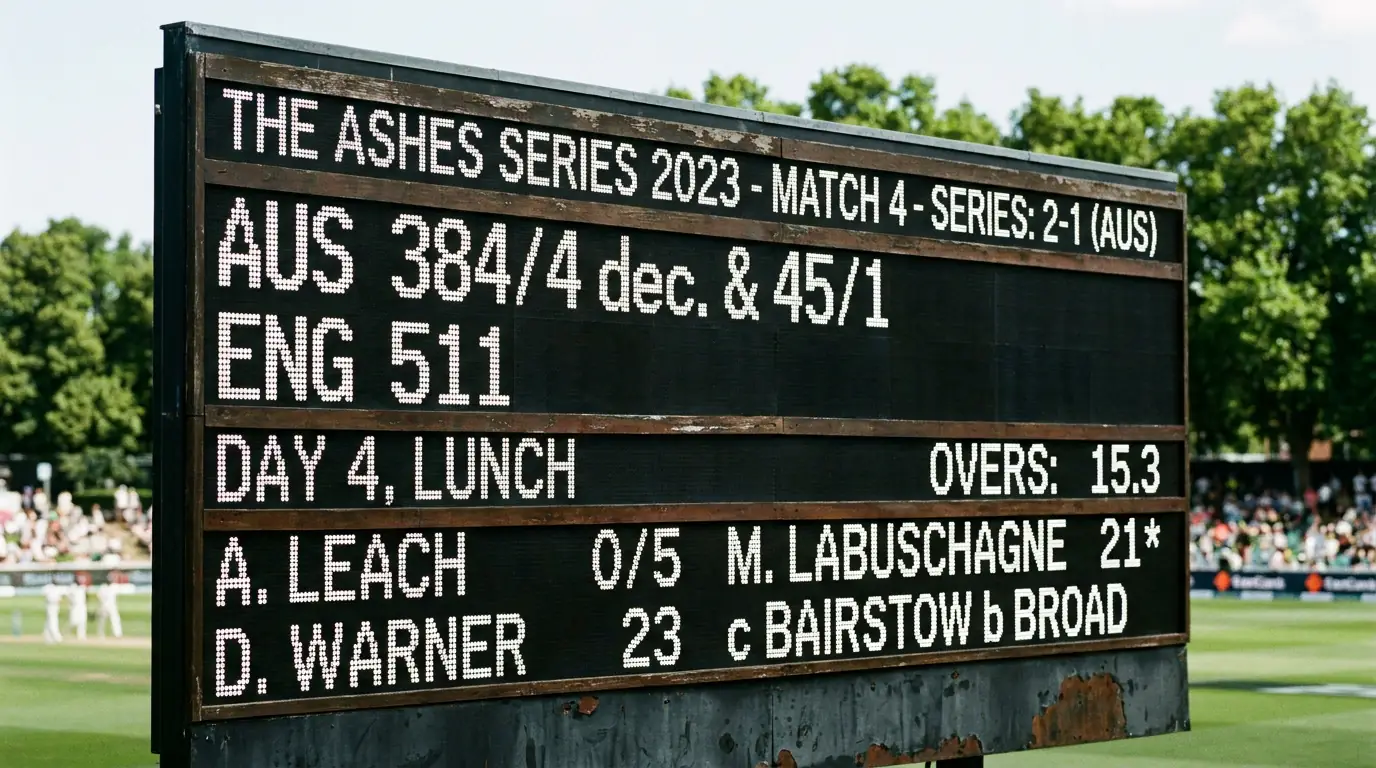 Cricket scoreboard showing series standings during an Ashes Test match