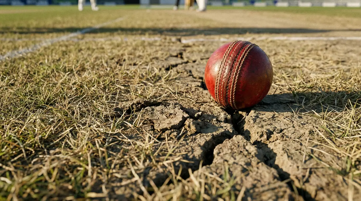Close-up of a cricket pitch with visible grass and cracks before a Test match
