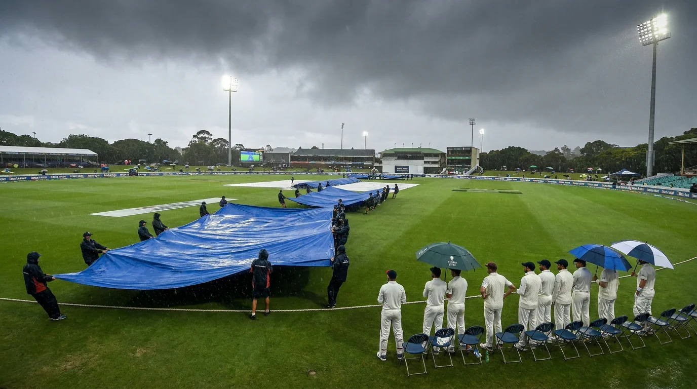 Rain covers on a cricket ground with players waiting on the boundary edge