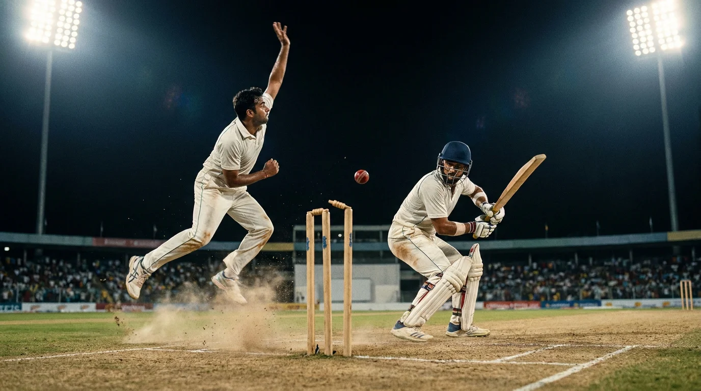 Cricket bowler releasing the ball with the batsman ready representing ball-by-ball betting action