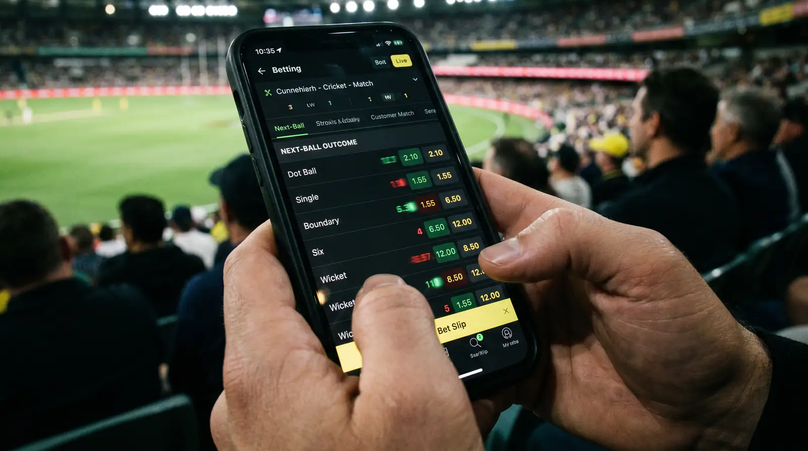Betting app showing next-ball outcome markets updating in real time during cricket