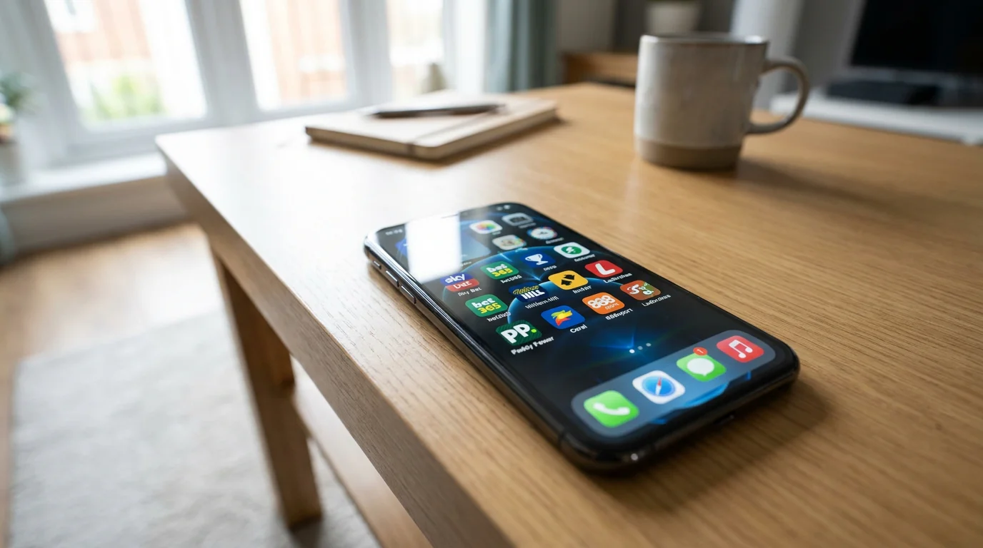 Multiple betting app icons on a phone screen representing UK platforms with micro-markets