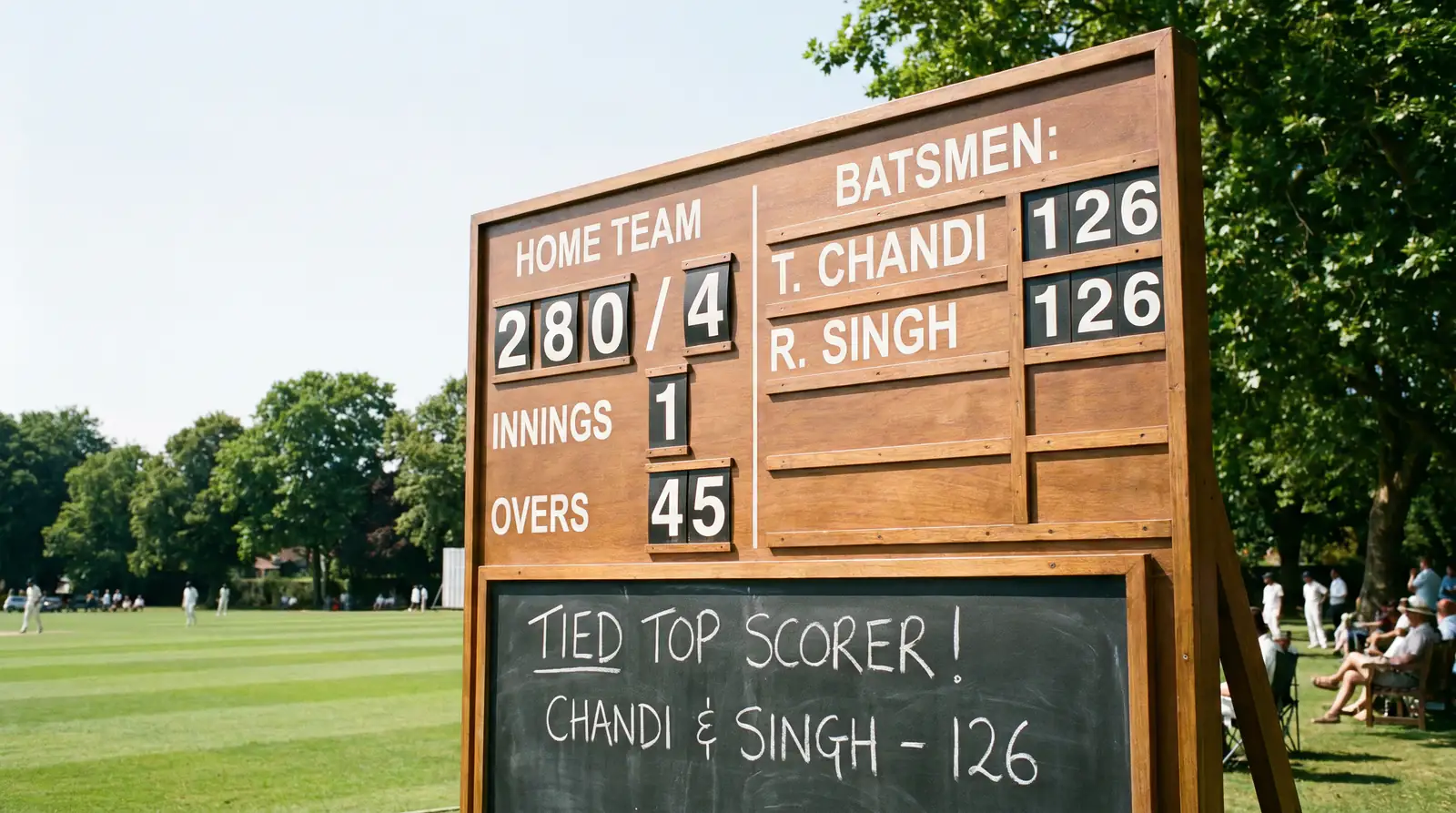 Scoreboard showing two batsmen tied on the same score in a cricket match