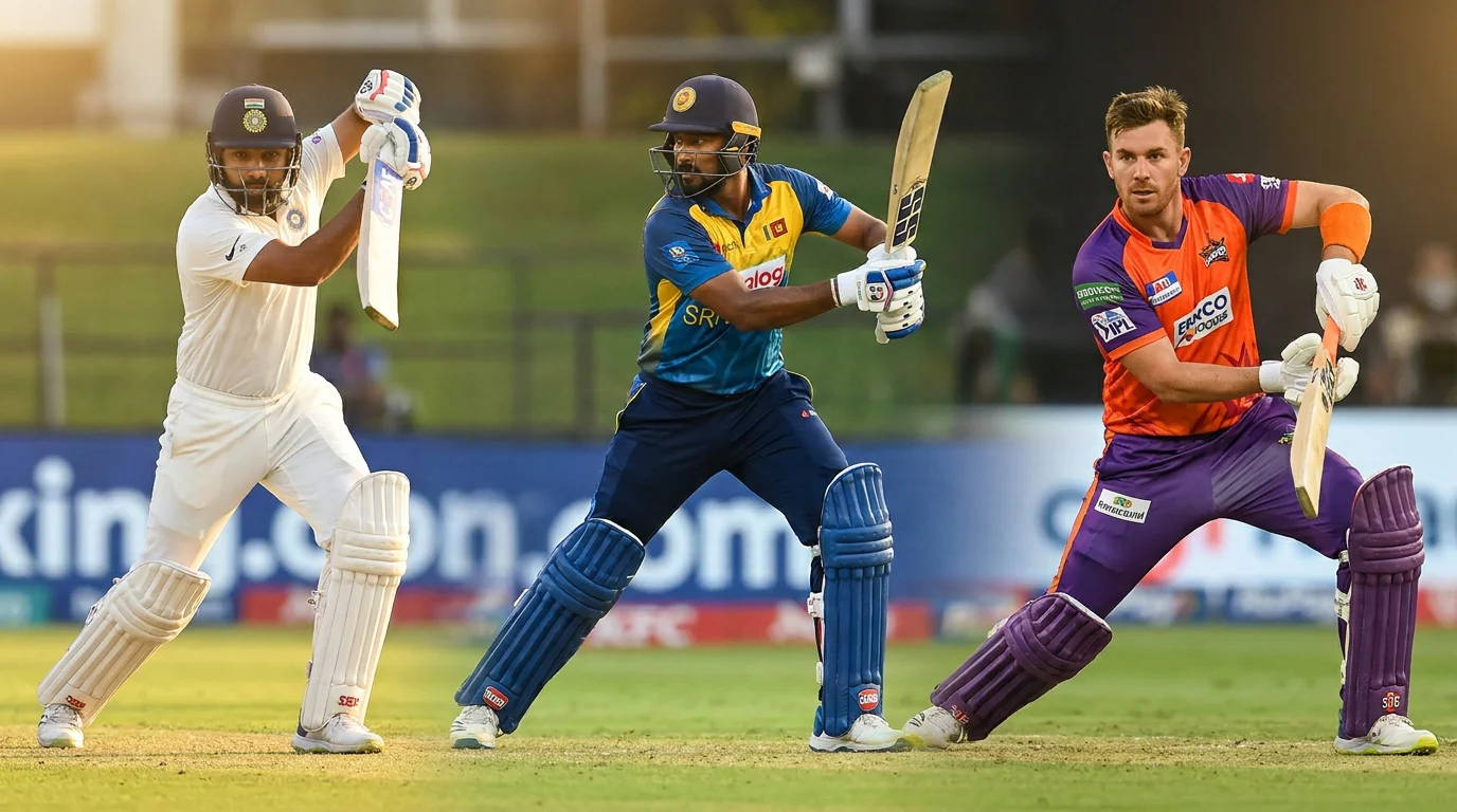 Cricket players in different format kits representing Test, ODI, and T20 batting styles