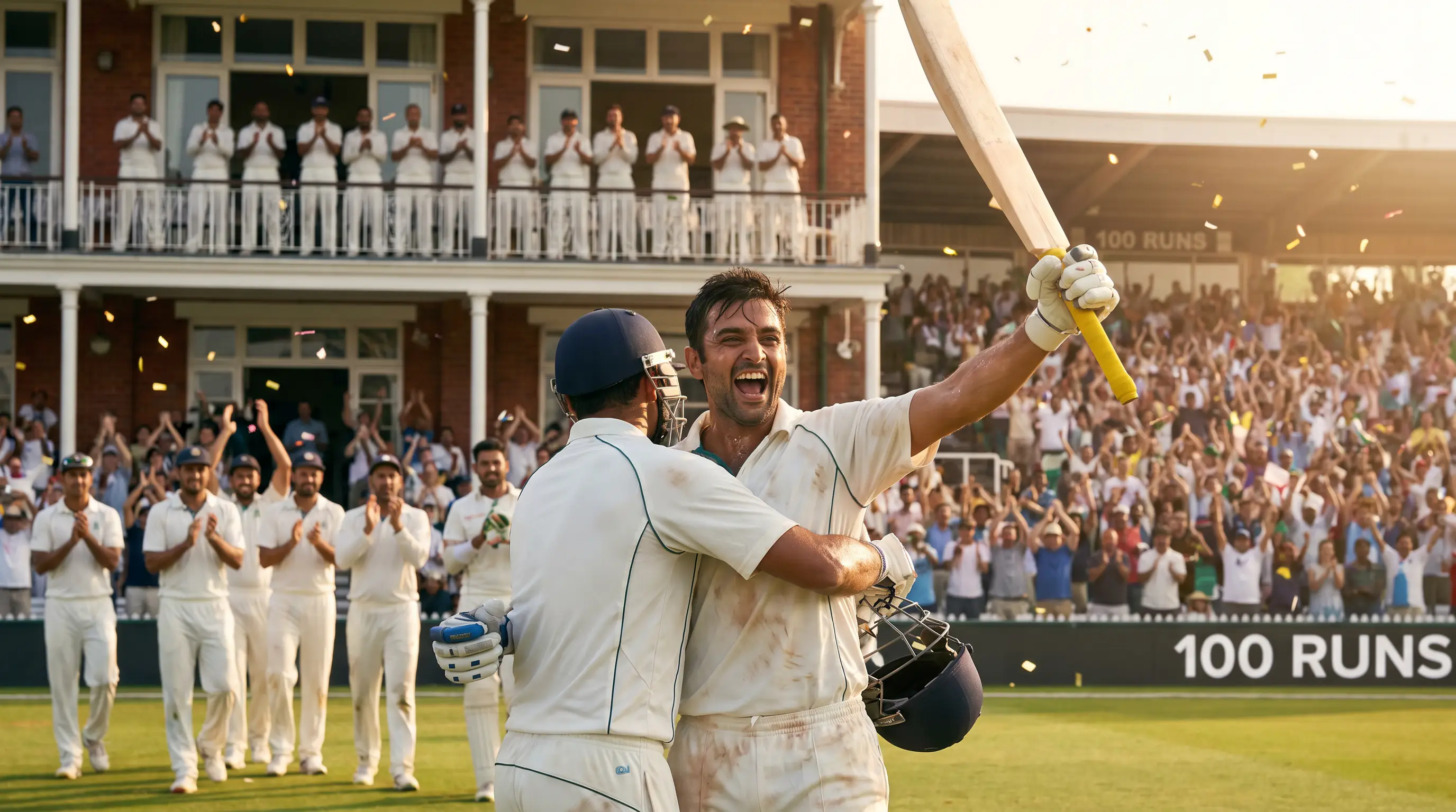 Cricket batsman celebrating a century with bat raised in front of spectators
