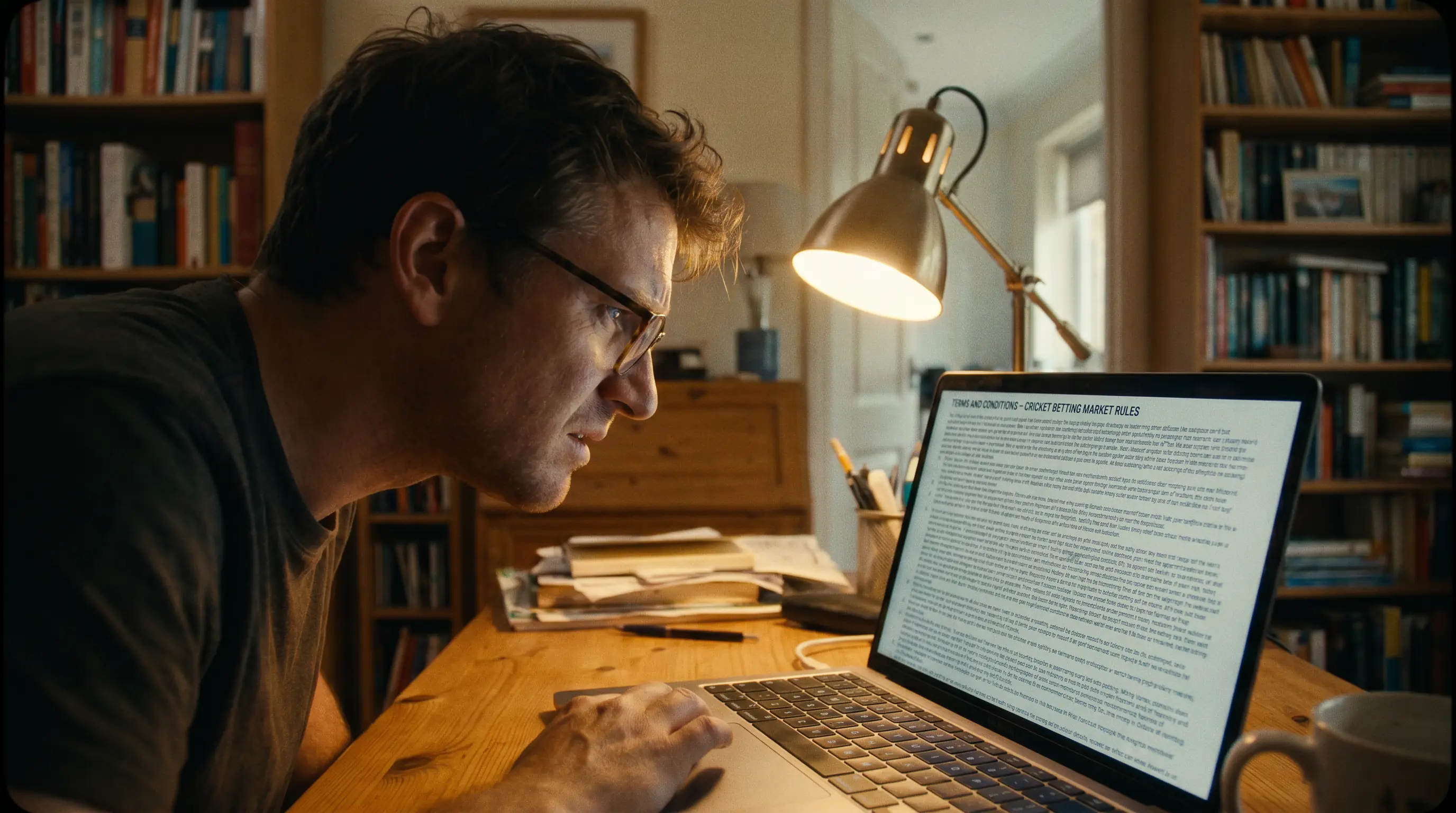 Person reading cricket betting terms and conditions on a laptop screen