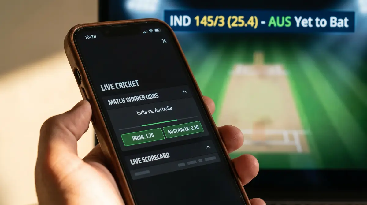 Cricket betting app displayed on a smartphone showing live match odds and in-play markets