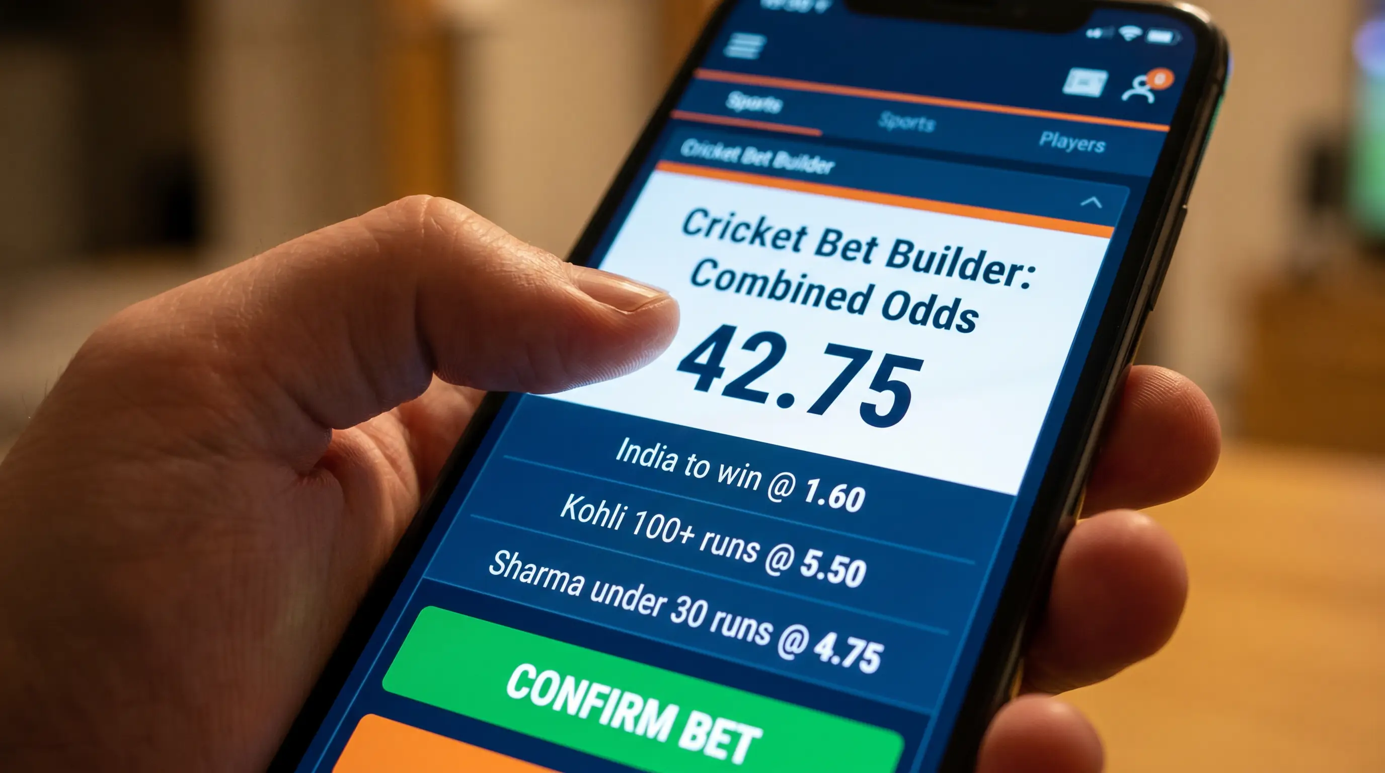 Close-up of a mobile screen displaying combined odds for a cricket bet builder