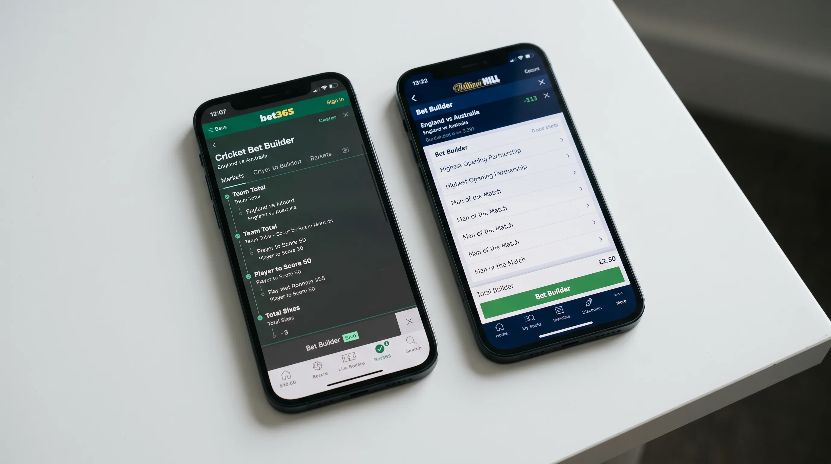 Two mobile phones side by side showing different betting apps with cricket bet builders