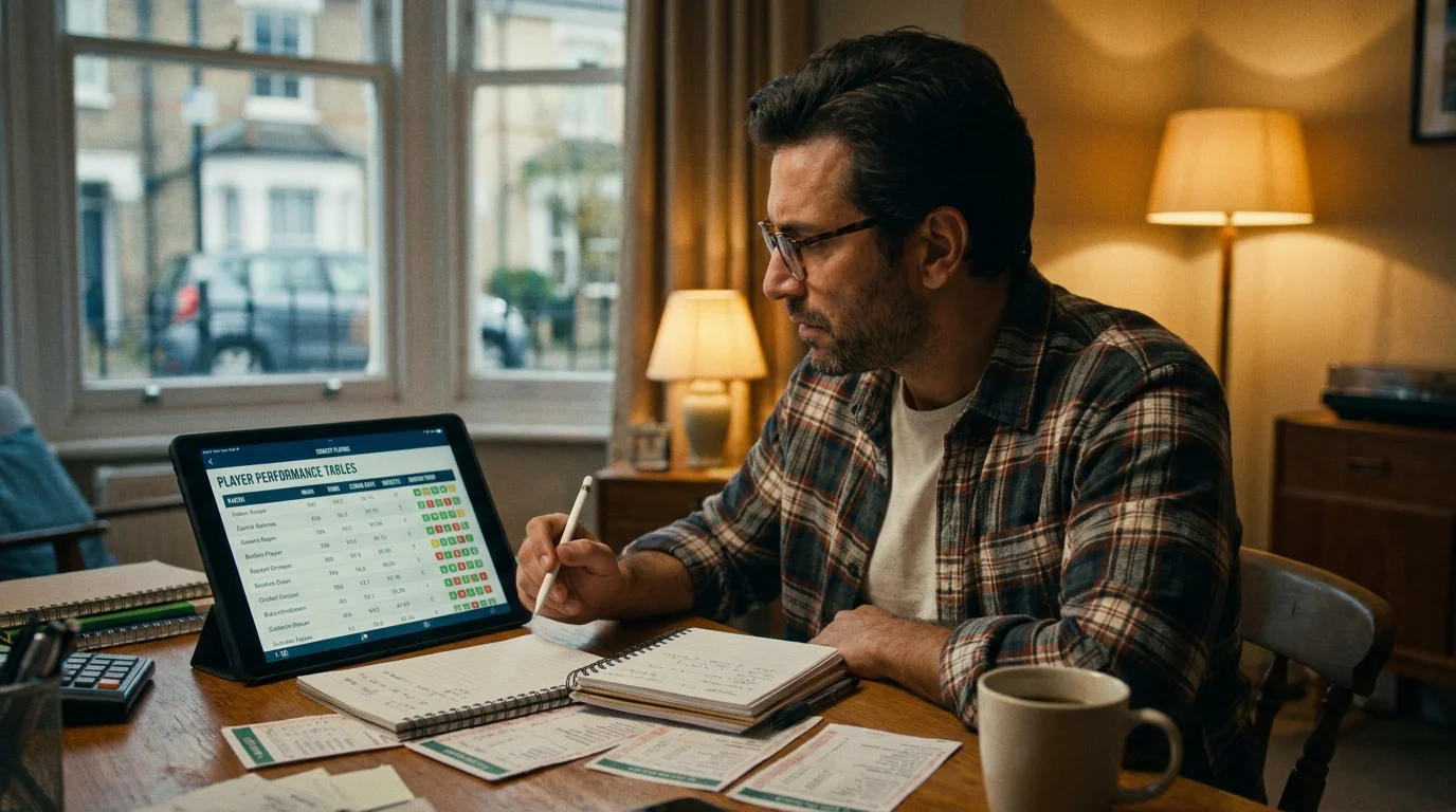 Person reviewing cricket statistics on a tablet before placing a bet builder wager
