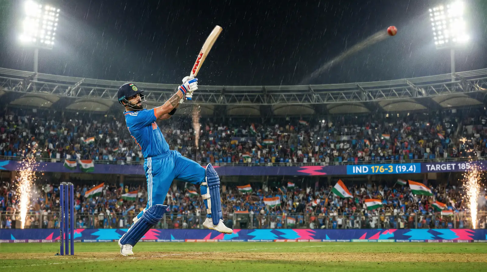 Cricket batsman hitting a six over the boundary rope during a limited-overs match