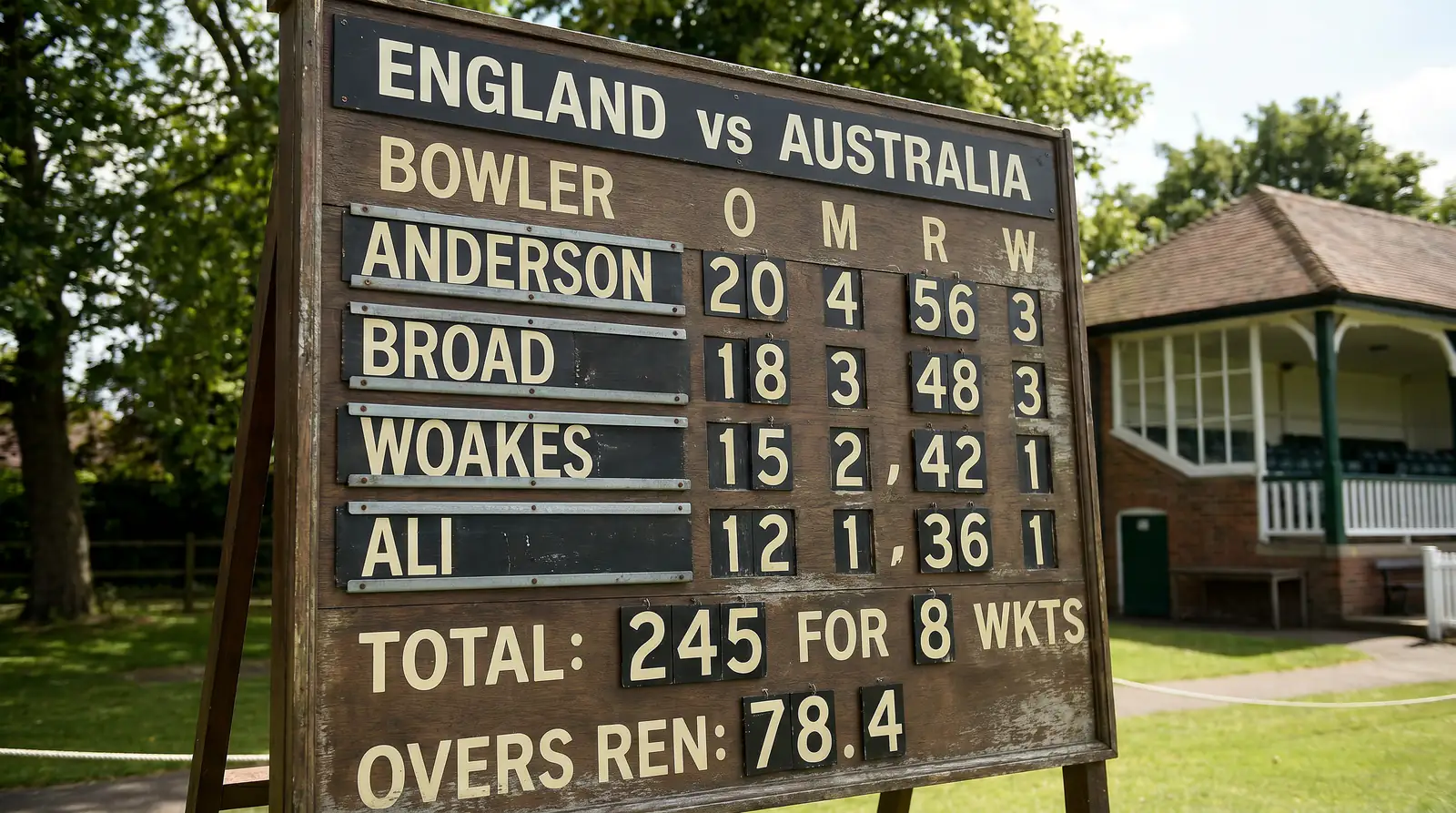 Cricket scoreboard showing bowling figures with two bowlers tied on wickets