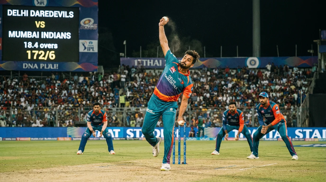Spinner bowling in a T20 match with colourful field settings and close fielders