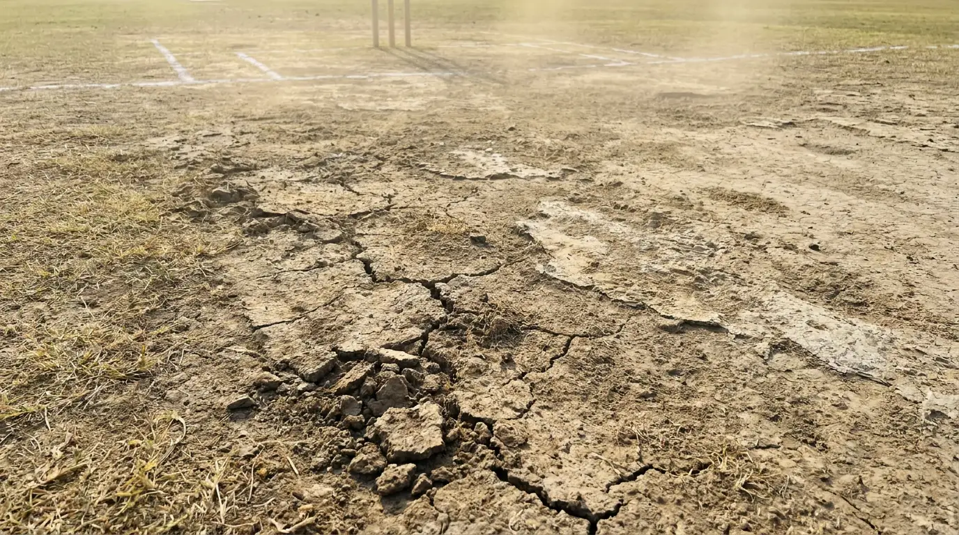 Cricket pitch showing cracks and dry patches that favour spin bowlers