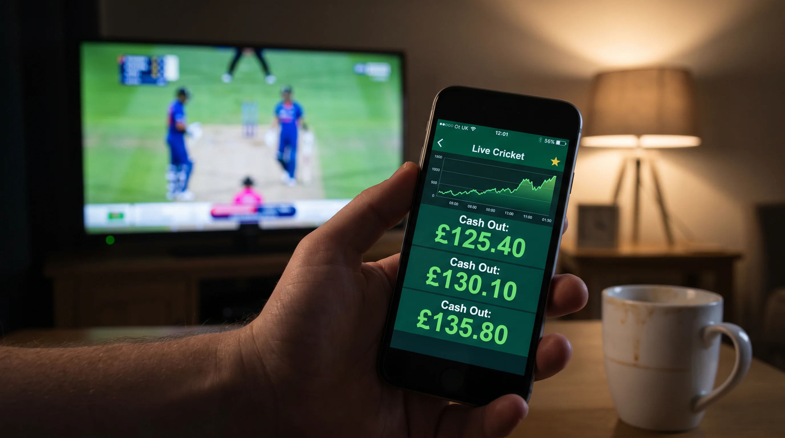 Mobile app showing a live cricket bet with cash out value increasing