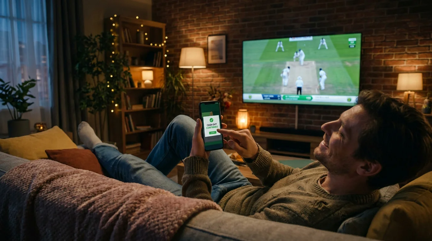 Person tapping the cash out button on a phone with cricket playing on television behind