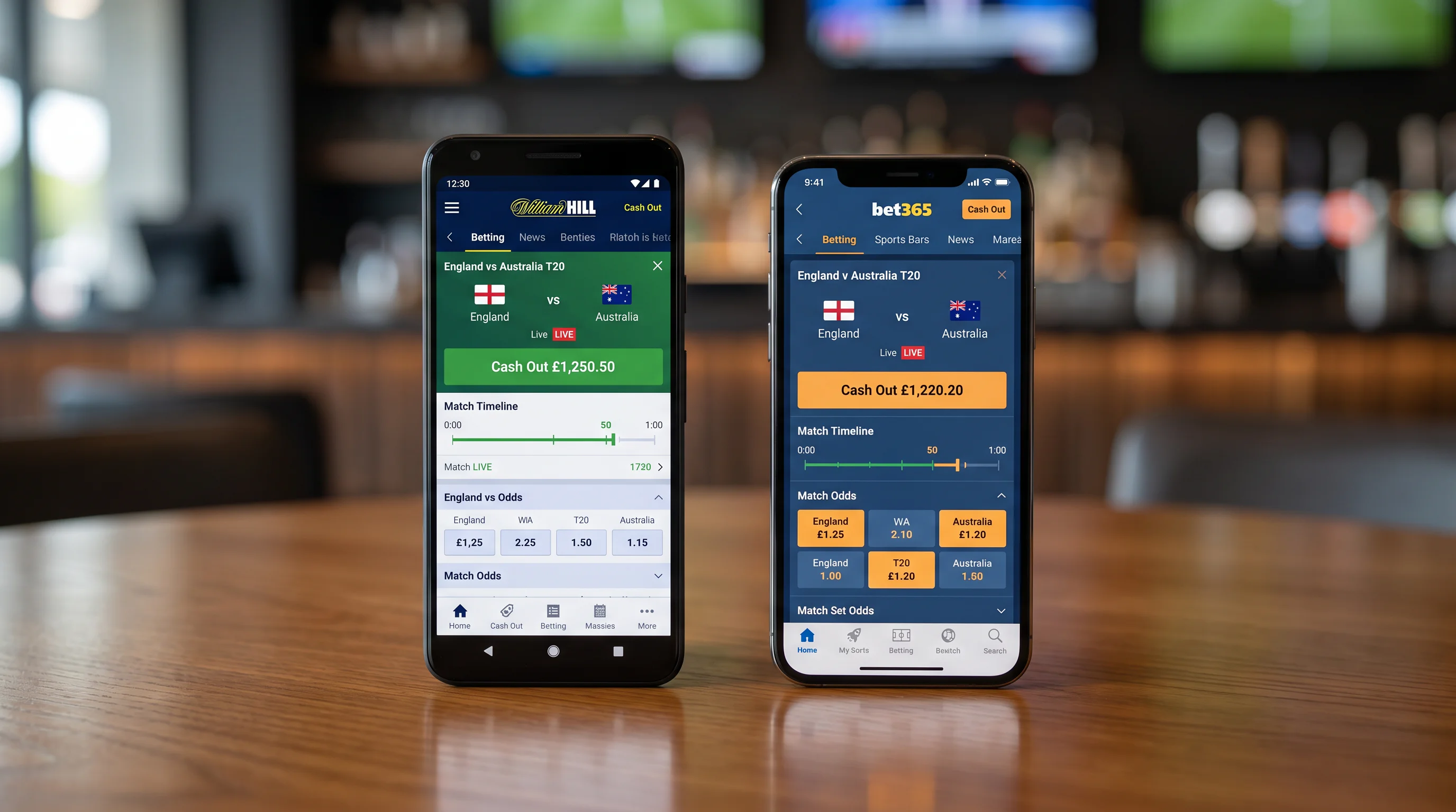 Two phones displaying different bookmaker cash out options for the same cricket match