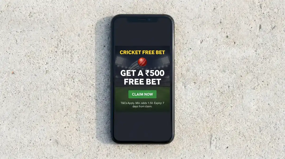 Cricket free bet promotional banner with terms and conditions highlighted on a betting site