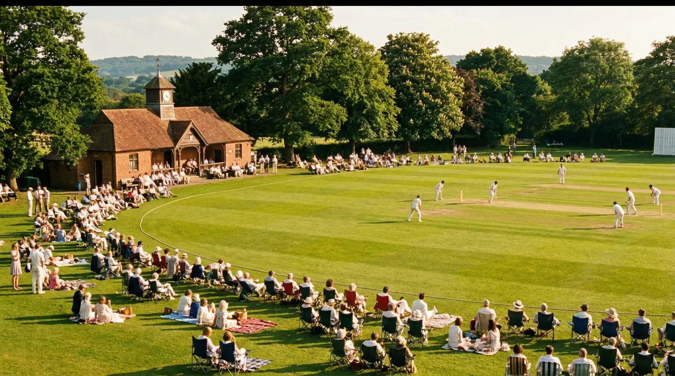 English county cricket ground on a sunny day with a small crowd watching first-class play