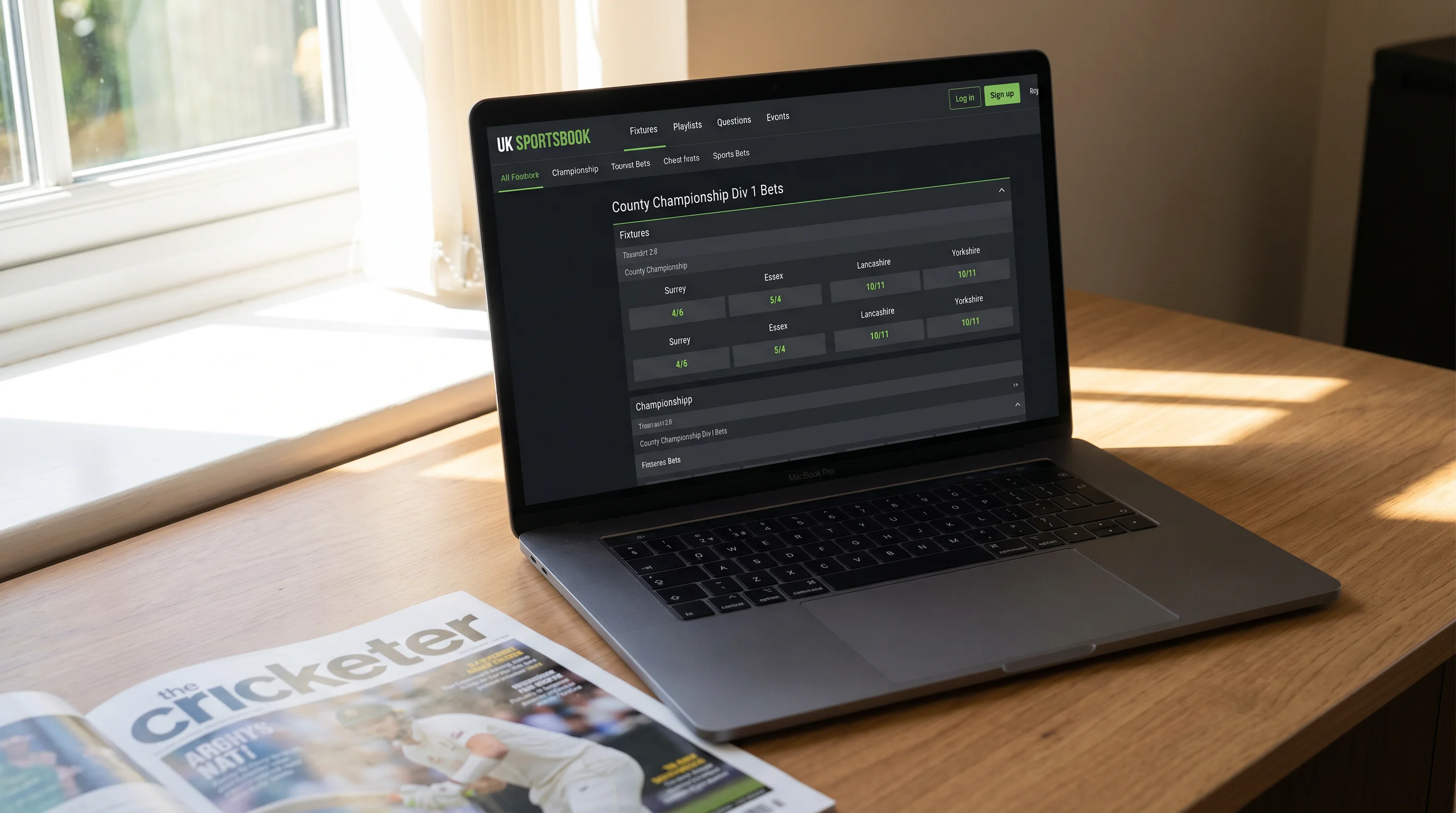 Laptop screen showing county cricket betting markets on a UK sportsbook