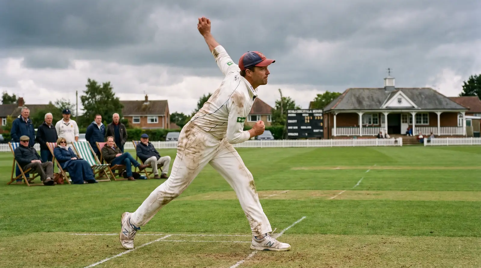 County cricket bowler running in to bowl on a green seaming pitch