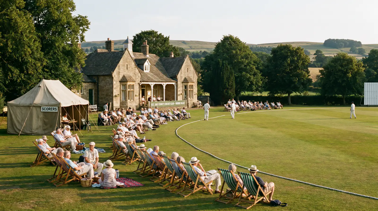 Quiet county cricket ground with sparse crowd offering low-profile match value