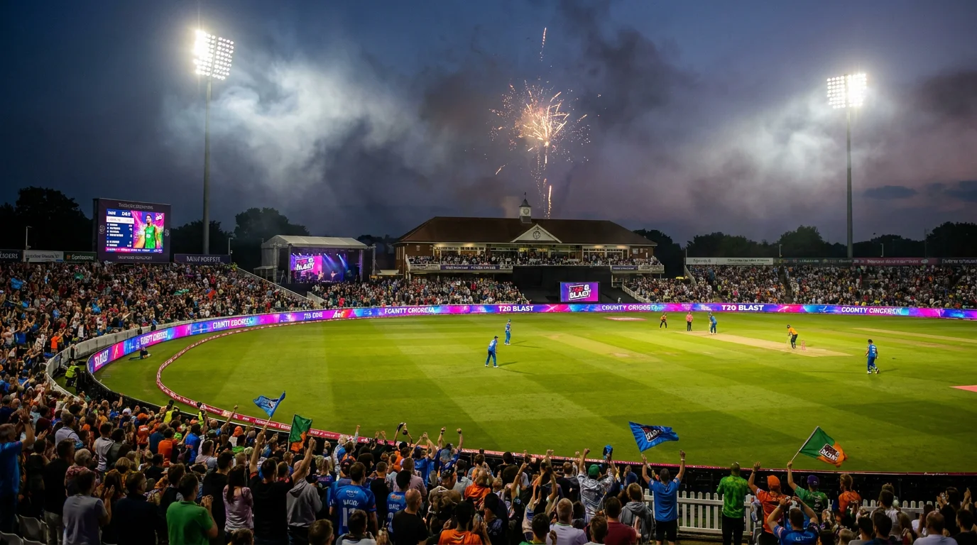 Colourful T20 Blast night match at a county ground with floodlights and crowd