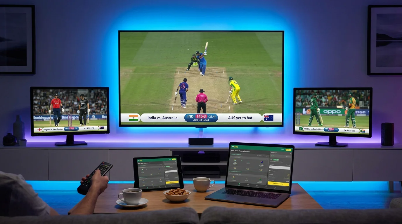 Multiple cricket matches displayed on screens representing accumulator betting selections