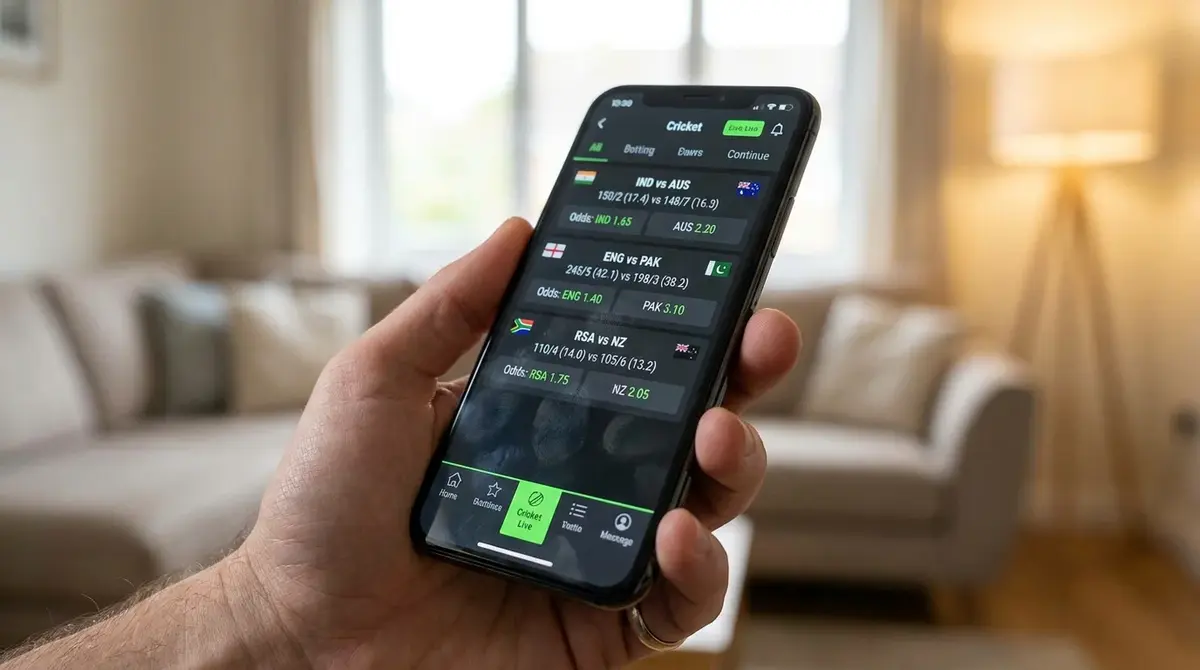 Cricket betting app home screen highlighting live match markets and quick navigation