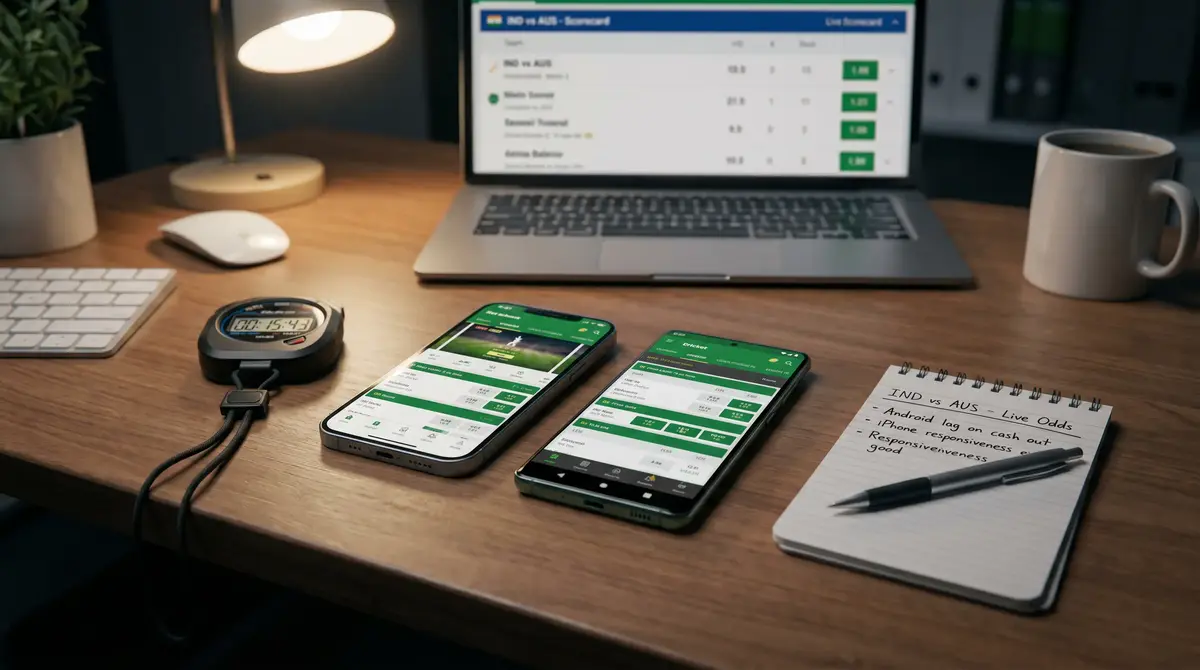 Smartphone running a cricket betting app during a live match test session
