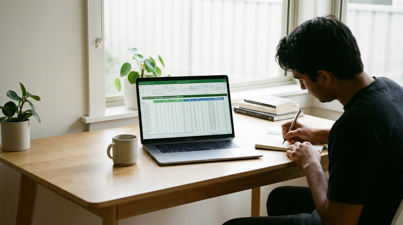 Person at a desk with cricket statistics spreadsheet open for bankroll management