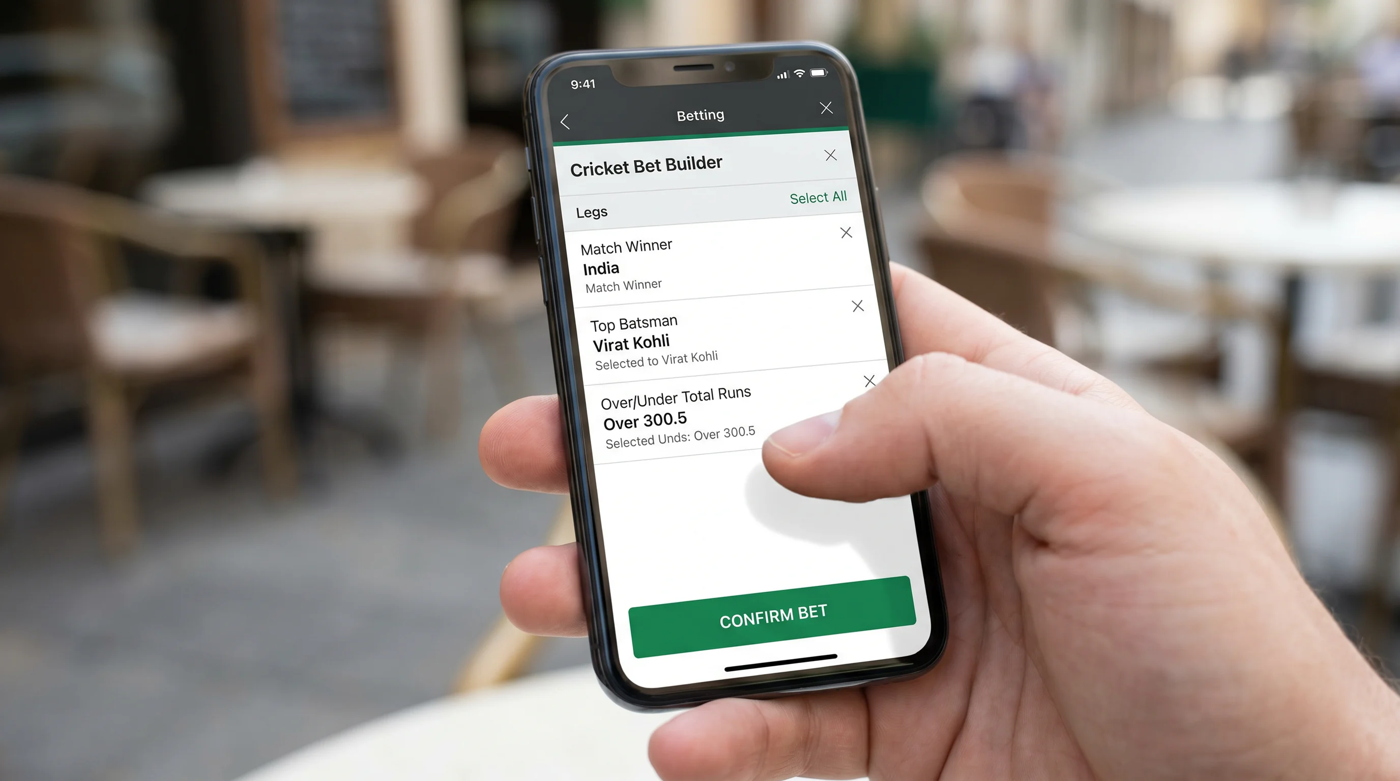 Cricket betting slip on a mobile phone with multiple market selections combined