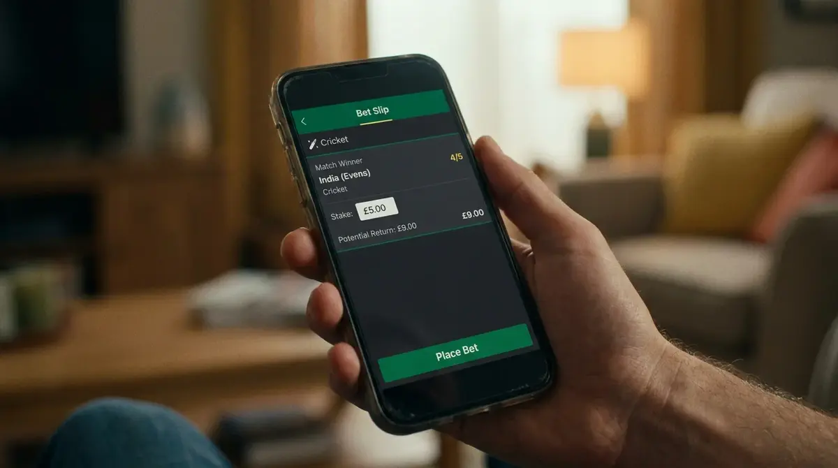 Cricket match winner bet slip on a mobile phone showing stake input and potential returns