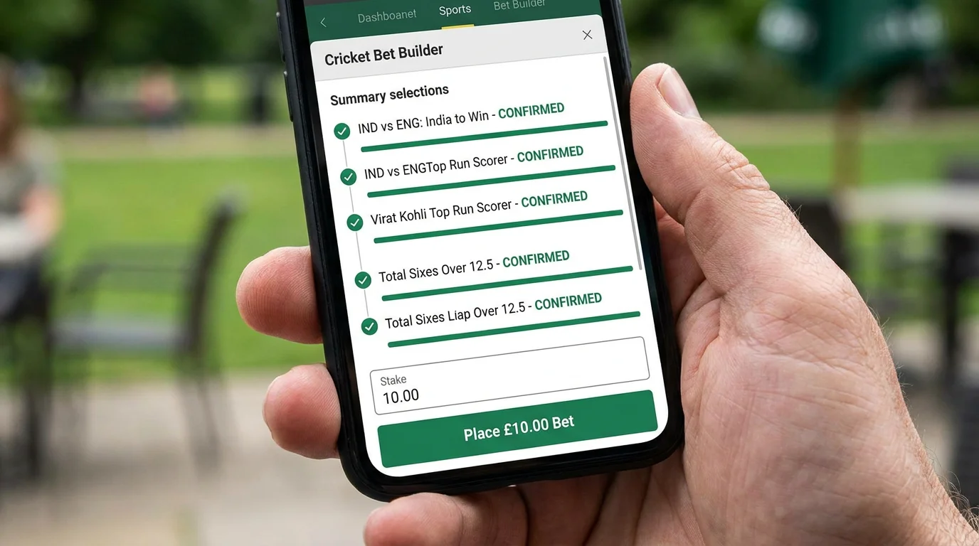 Hand holding a phone with a completed cricket bet builder ready for confirmation
