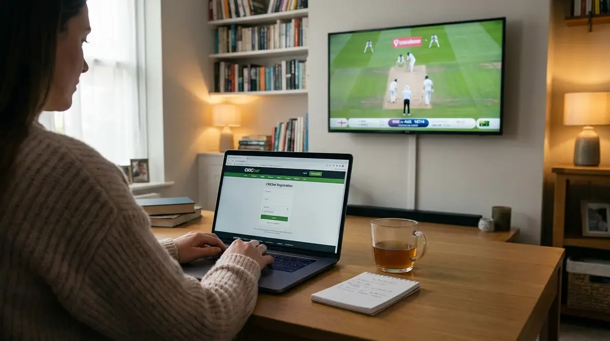 Person setting up a cricket betting account on a laptop with a cricket match on television
