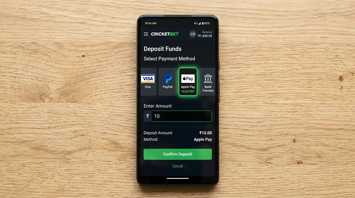 Payment method options including debit card and Apple Pay on a cricket betting site deposit page