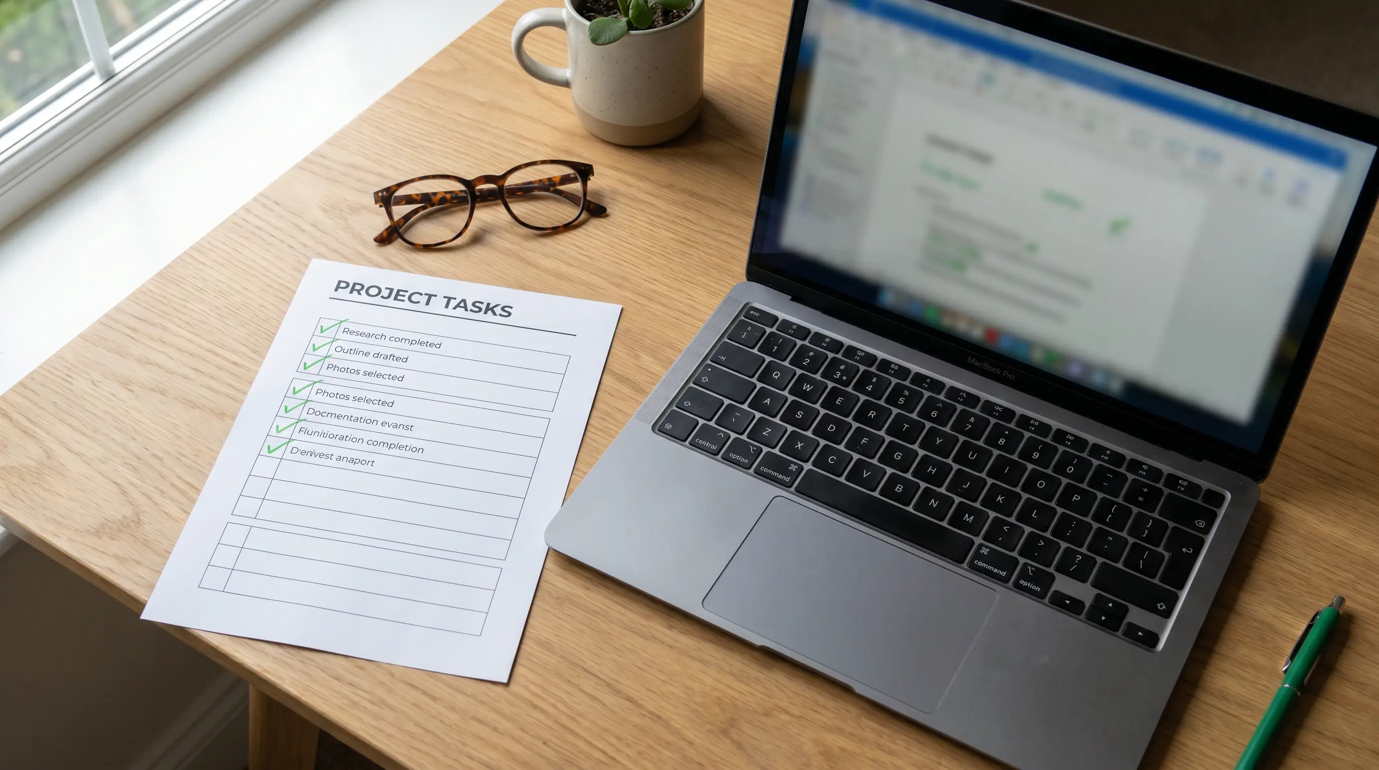 Neatly organised desk with a printed checklist document, pen, and open laptop showing a cricket fixtures page
