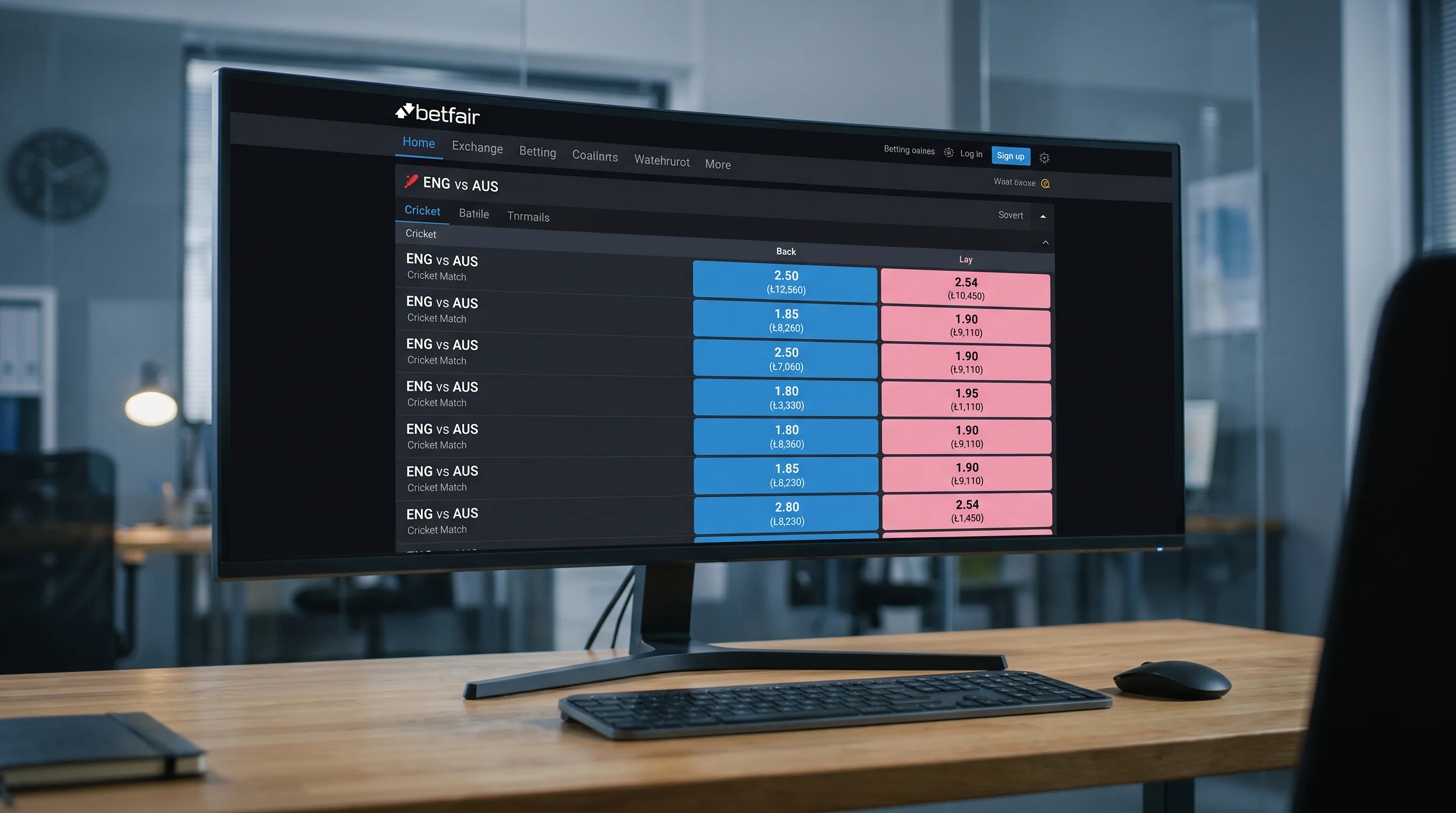 Cricket betting exchange interface showing back and lay odds for a match