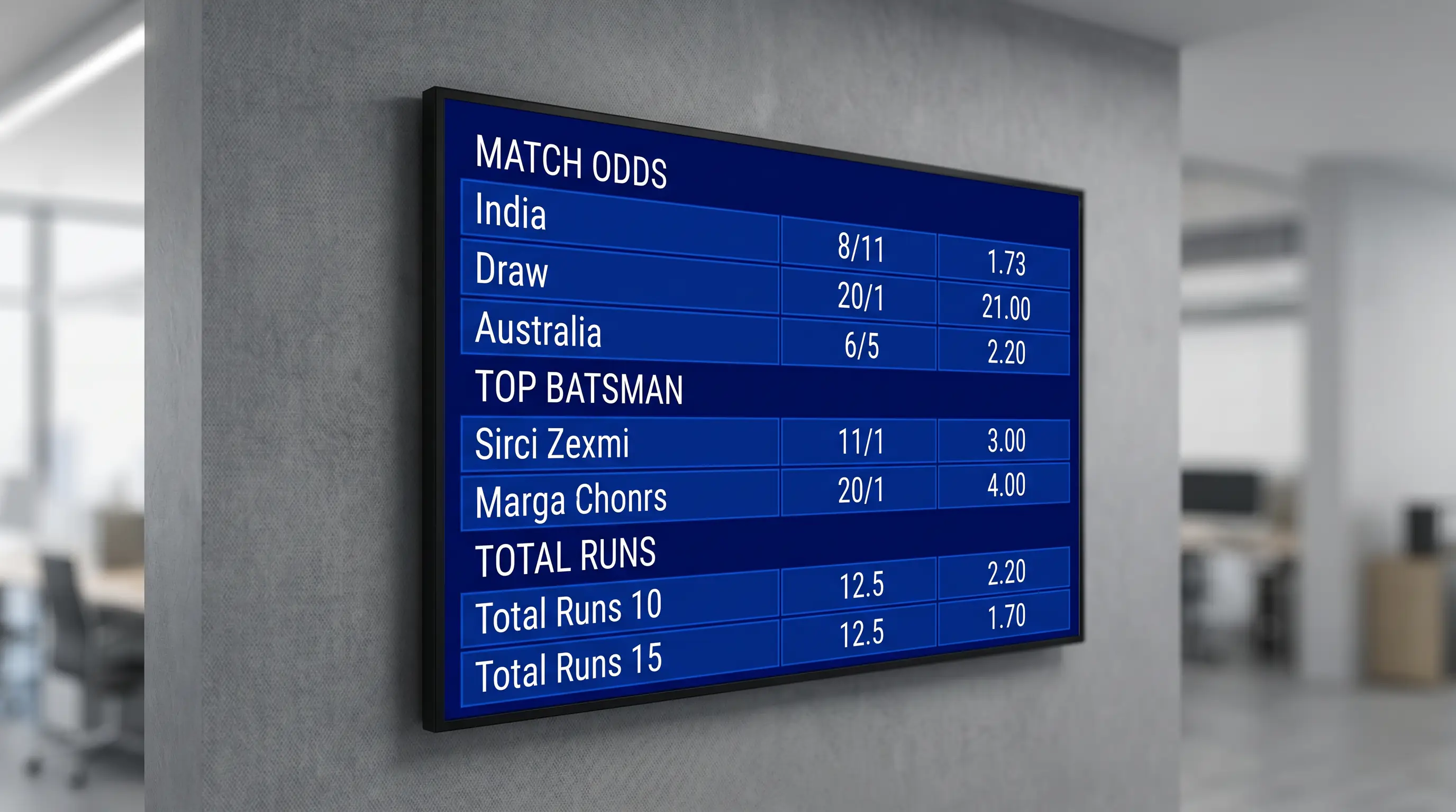 Cricket odds displayed on a betting board with fractional and decimal formats visible