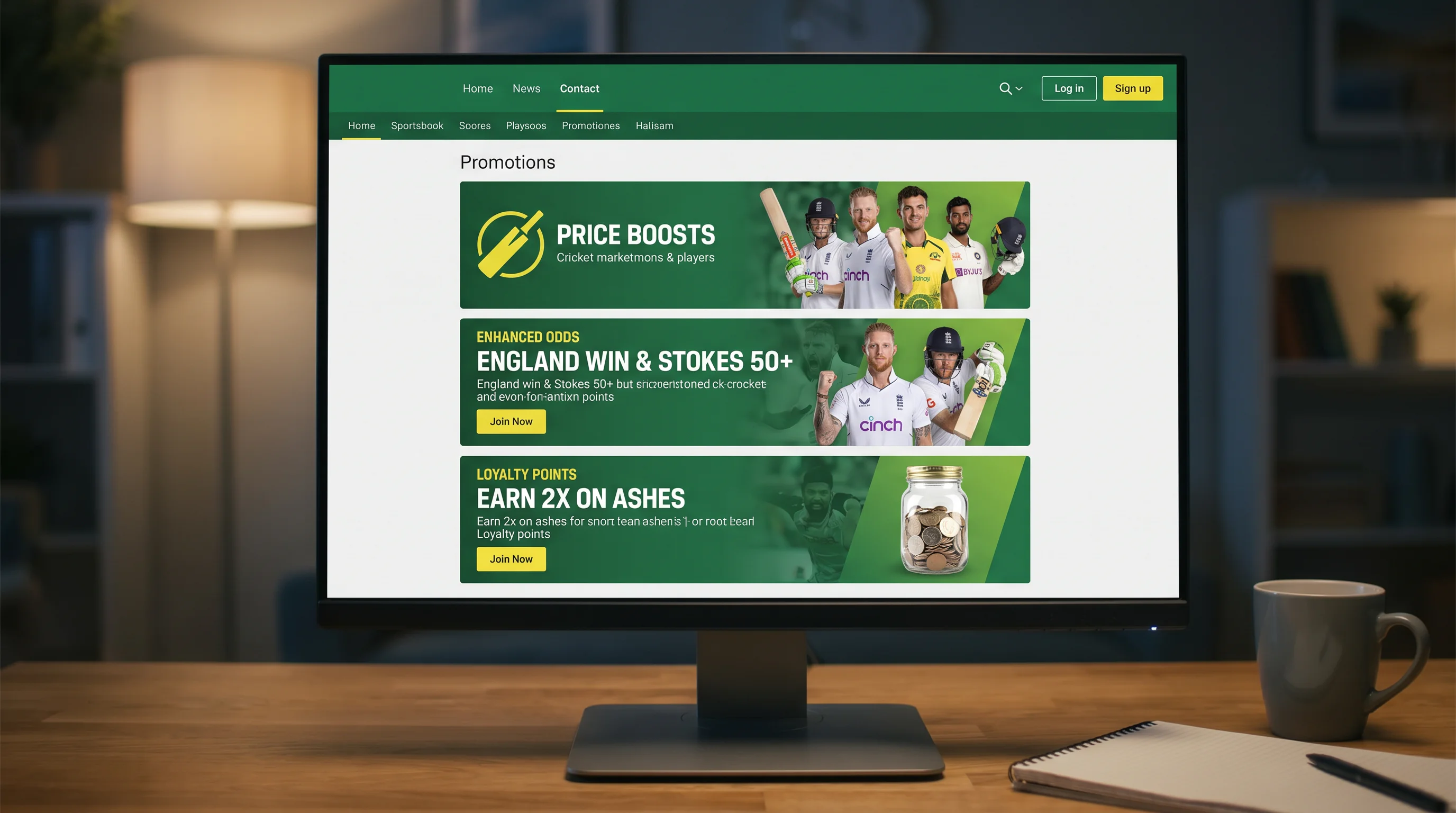 Cricket betting promotions banner on a UK sportsbook showing price boosts and offers