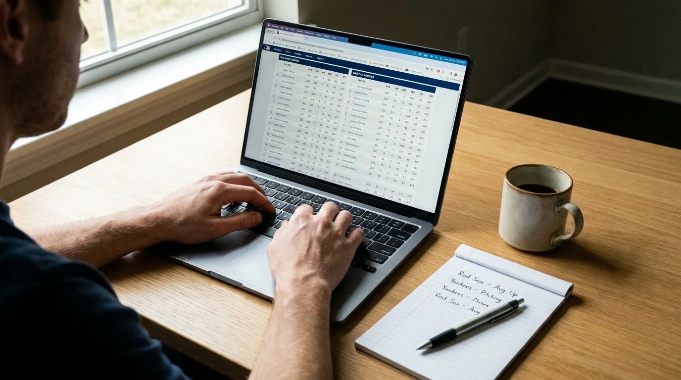 Person sitting at a desk comparing cricket betting odds on a laptop screen with a notepad beside them