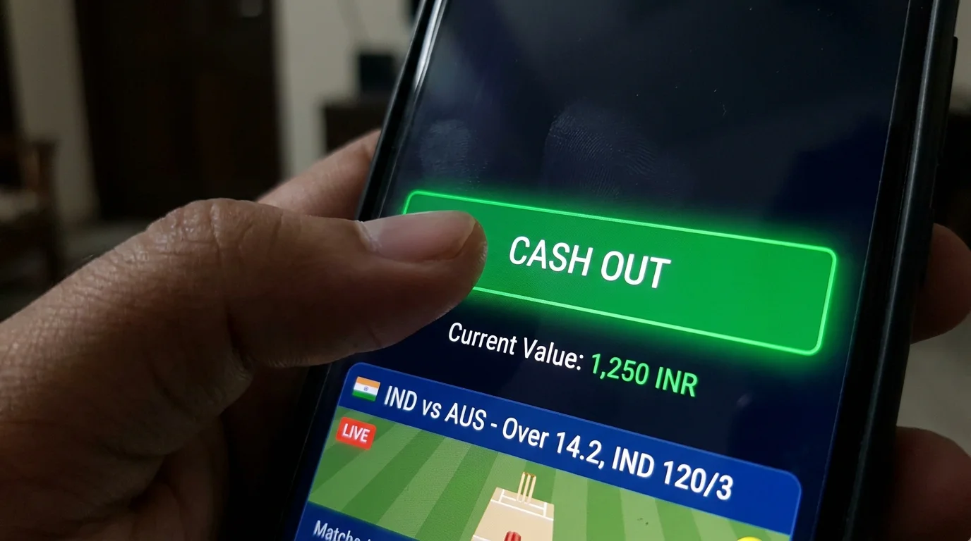 Cash out button highlighted on a cricket betting app during a live match
