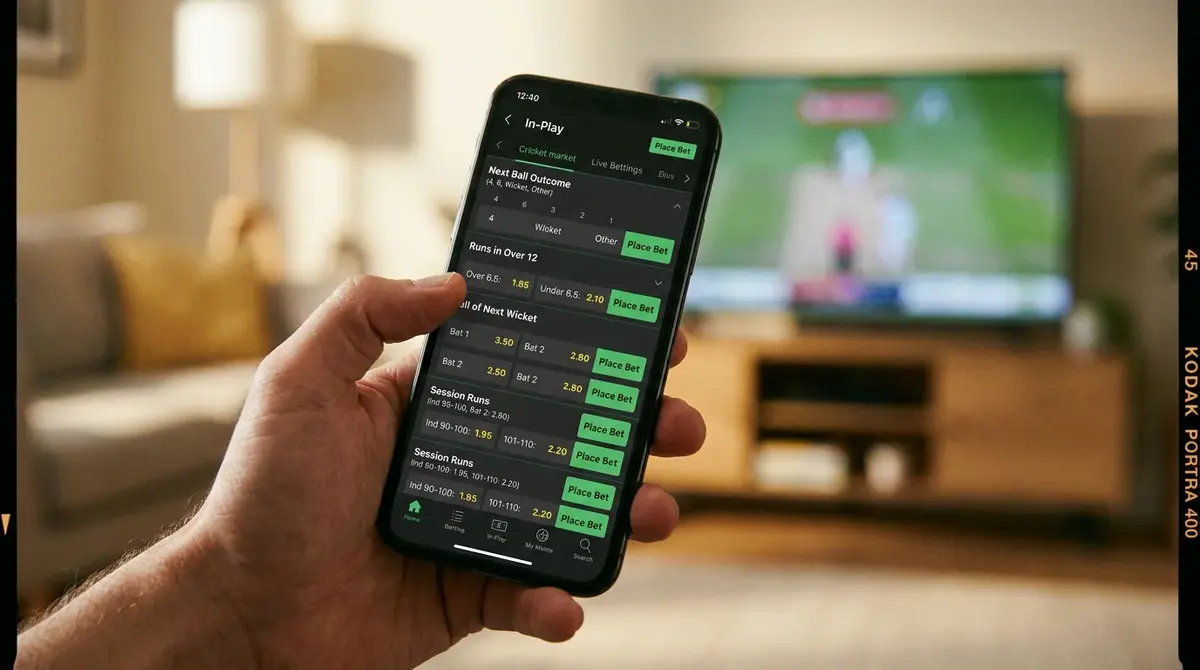 Mobile phone displaying an extensive list of in-play cricket betting markets