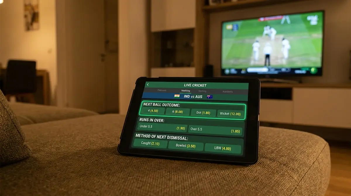 In-play cricket betting interface showing ball-by-ball micro-markets and live odds